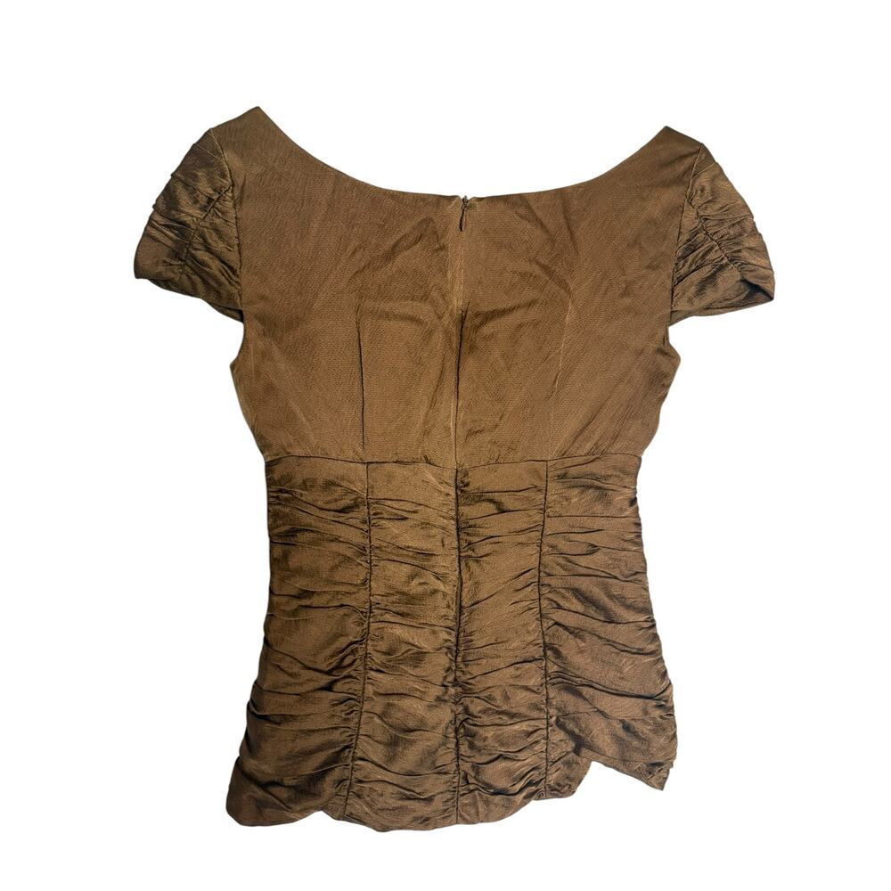 Nanette Lepore Bronze Brown Ruched Fitted Cap Sleeve Portrait V-Neck Silk Top 2 - Picture 6 of 6